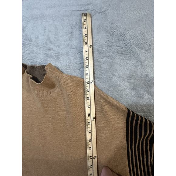 A Love Story Sweater L/XL Tan Black Striped Sleeve Mock Neck Oversized Knit Top - Picture 7 of 7